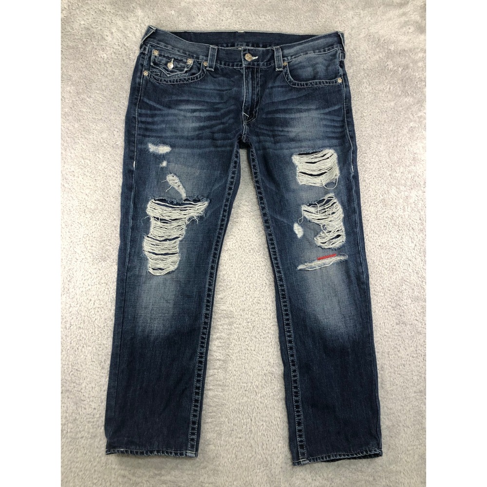True Religion Jeans Men 40x30 (Tag 38) Blue Straight Flap Distressed Denim